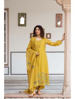 Nehamta - Women's Net Chanderi Mustard Kurta with Pant and Dupatta