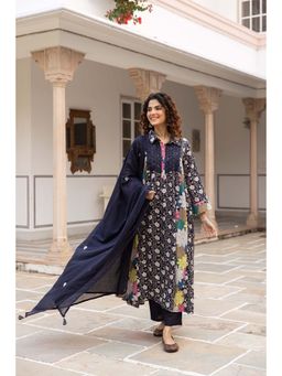 Nehamta - Women's Cotton Navy Blue Kurta with Pant and Dupatta