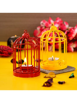 eCraftIndia - Set Of 2 Red And Yellow Cage Tea Light Holder With Hanging Chain