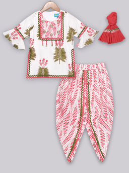 FREE SPARROW - Embellished Kurti with Printed Dhoti & Dupatta (Set of 3)