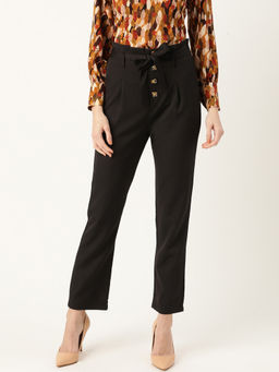 Twenty Dresses by Nykaa Fashion - Solid Black Straight Pants with Tie Up Belt