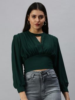SHOWOFF - Women Keyhole Neck Balloon Sleeve Solid Green Crop Top