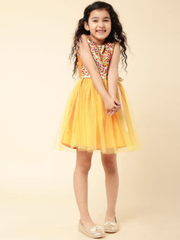 A.T.U.N. - Girls Yellow Floral Party Knee Length Dress