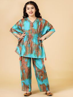 A.T.U.N. - Girls Multi-Color Printed Polysilk Kaftan with Pant (Set of 2)