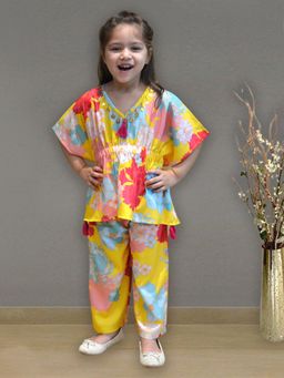 A.T.U.N. - Girls Multi-Color Floral Printed Polysilk Kaftan with Pant (Set of 2)