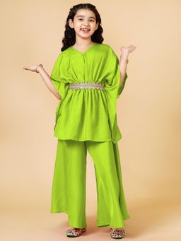 A.T.U.N. - Girls Solid Polysilk Lime Green Kaftan with Flared Palazzo Pant (Set of 2)