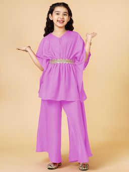 A.T.U.N. - Girls Solid Polysilk Purple Kaftan with Flared Palazzo Pant (Set of 2)