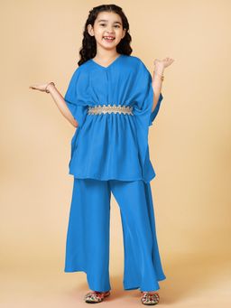 A.T.U.N. - Girls Solid Polysilk Blue Kaftan with Flared Palazzo Pant (Set of 2)