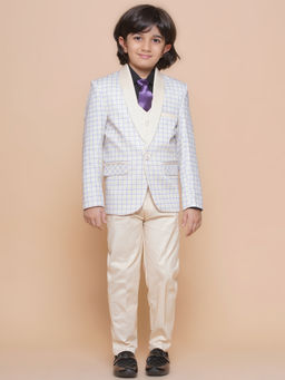 AJ Dezines - Boys Green Cotton Checks Printed Shawl Lapel Suit (Set of 5)