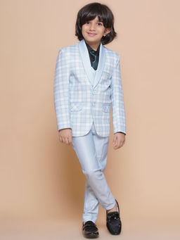 AJ Dezines - Boys Blue Cotton Checks Printed Shawl Lapel Suit (Set of 5)