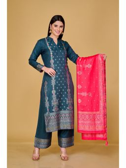 Safaa - Womens Green Acro Wool Woven Unstitched Suit and Dupatta (Set of 3)