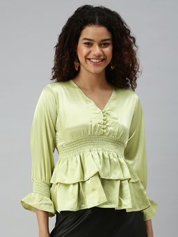 SHOWOFFFF - Women V-Neck Three Fourth Sleeves Ruffled Green Top