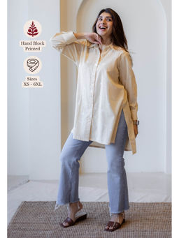 The Indian Ethnic Co. - Beige A-Line Handblock Printed Slub Cotton Tunic