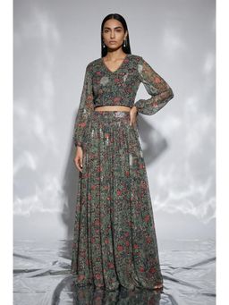 W - for Woman Navy Blue Foil Printed Floral Chiffon Crop Top with Skirt