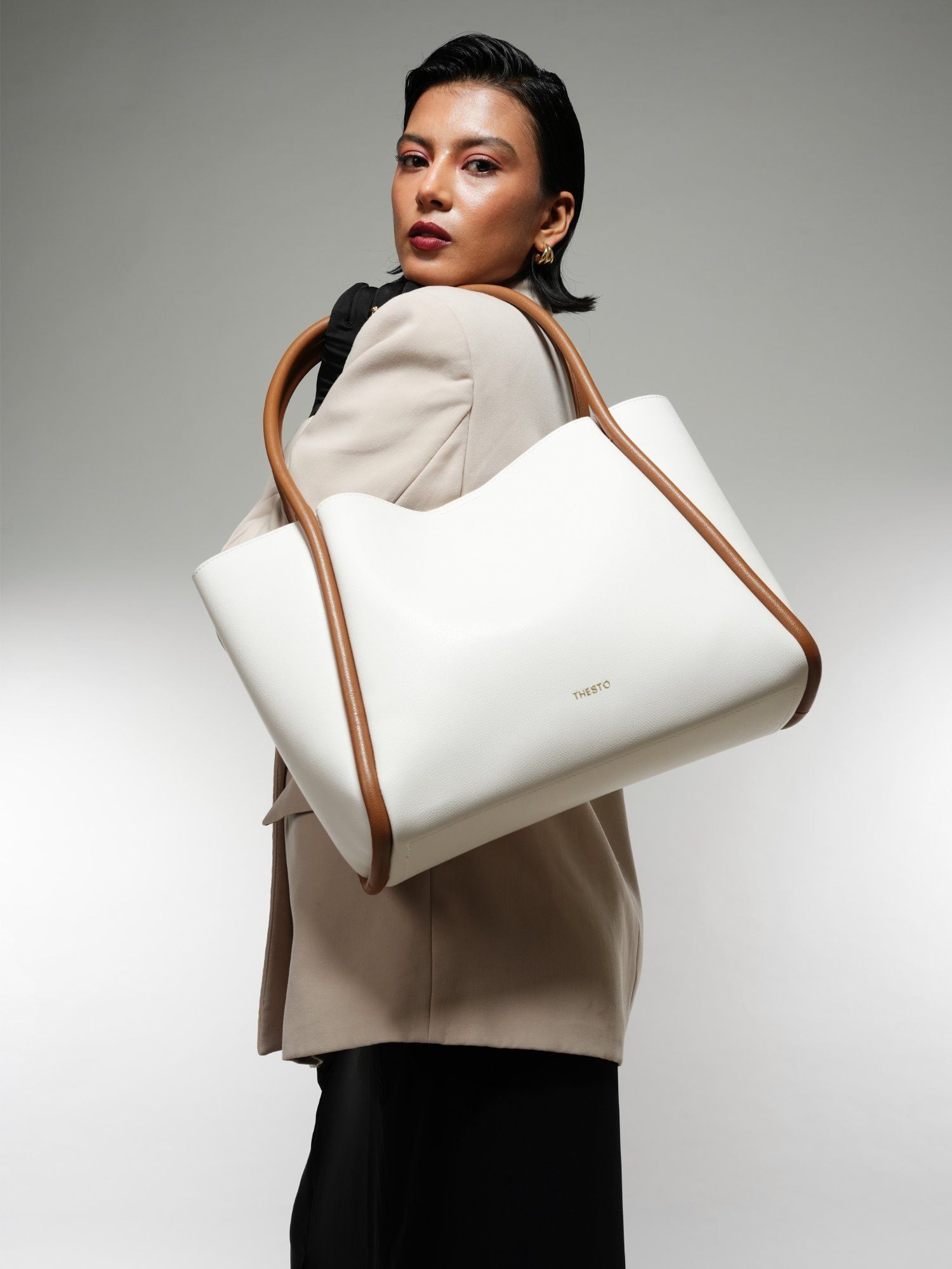 Buy THESTO White Tube Tote Bag and Silver Strip Shoulder Bag (Set