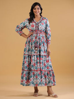 SAVI - White Cotton Designer Detailed Tiered Dress