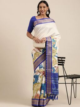 Vastranand - Off White & Blue Kalamkari Print Uppada Saree with Unstitched Blouse