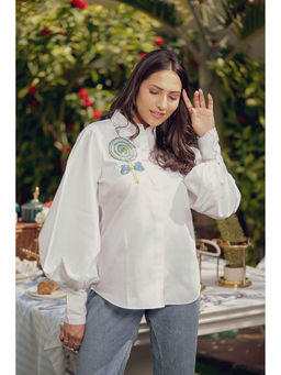 Label Swish - White Cotton Balloon Sleeve Candy Embellished Shirt