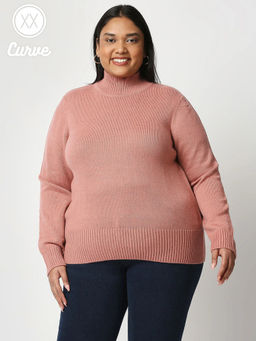 Twenty Dresses by Nykaa Fashion - Curve Pink Solid Turtle Neck Sweater