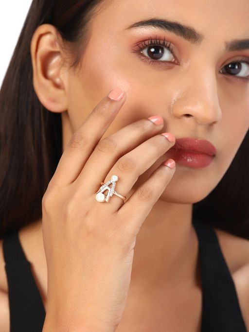 Buy Voylla American Diamond CZ Gold Plated Brass Ring with Pearl
