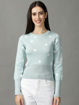 SHOWOFFFF - Womens Round Neck Cinched Waist Polka Dot Blue Regular Top