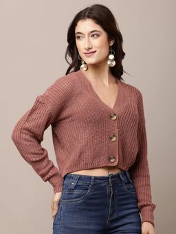 NOBARR - Women Acrylic Full Sleeve with V-Neck Brown Cardigan