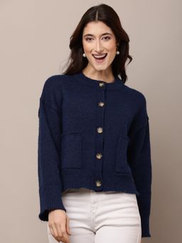 NOBARR - Women Polyester Full Sleeve with Round Neck Navy Blue Cardigan