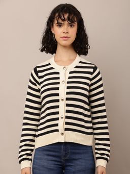 NOBARR - Women Cotton Full Sleeve with Round Neck Striped Black & Beige Cardigan