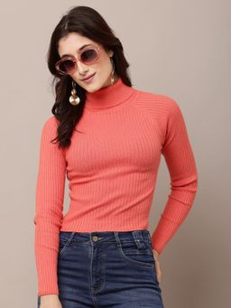 NOBARR - Women Cotton Raglan Full Sleeve with High-Neck Ribbed Peach Sweater