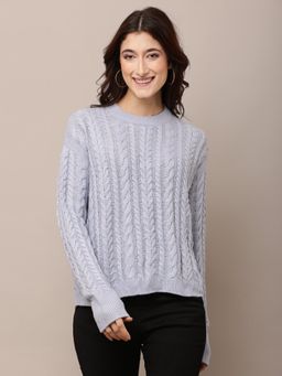 NOBARR - Women Acrylic Full Sleeve with Round Neck Cable Knit Blue Sweater