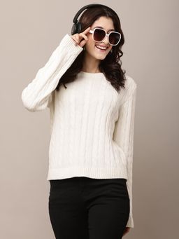 NOBARR - Women Acrylic Full Sleeve with Round Neck Cable Knit White Sweater