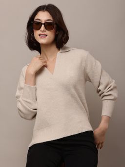 NOBARR - Women Acrylic Full Sleeve with Shirt Collar Light Beige Sweater