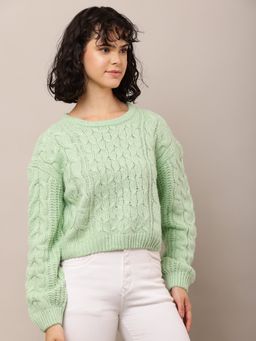 NOBARR - Women Acrylic Full Sleeve with Round Neck Cable Knit Sea Green Sweater