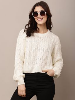 NOBARR - Women Acrylic Full Sleeve with Round Neck Cable Knit White Sweater