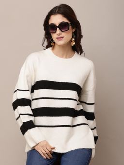 NOBARR - Women Acrylic Full Sleeve with Round Neck White Striped Sweater