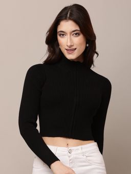 NOBARR - Women Acrylic Full Sleeve High Neck with Rib Zip Closure Black Crop Sweater
