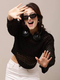 NOBARR - Women Acrylic Full Sleeve with Round Neck Crochet Black Sweater