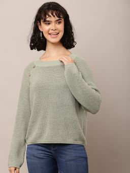 NOBARR - Women Cotton Crew Neck with Full Sleeve Sea Green Sweater