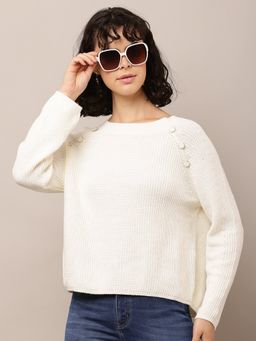 NOBARR - Women Cotton Crew Neck with Full Sleeve White Sweater