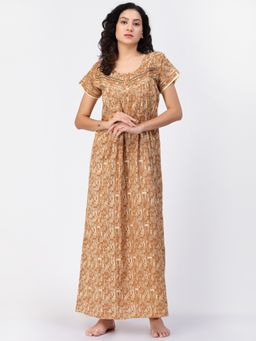 Sweet Dreams - Abstract Print Round Neck Regular Length Pure Cotton Nightdress - Brown