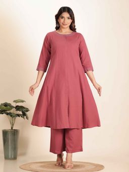 ARAMYA - Women Pink Linen Cotton A-Line Solid Kurta & Pant (Set of 2)