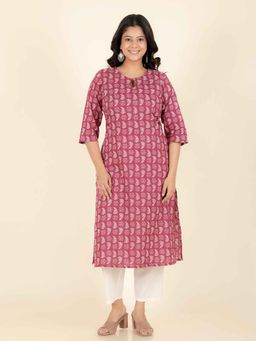 ARAMYA - Women Red Soft Cotton Straight Abstract Print Kurta & Pant (Set of 2)