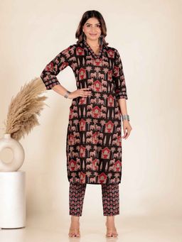 ARAMYA - Women Black Soft Cotton Straight Abstract Print Kurta & Pant (Set of 2)