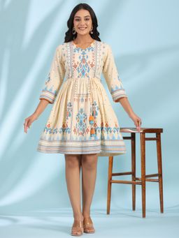 Juniper - Off-White Rayon Ikat Printed Fit & Flare Lacy Short Dress With Dori Tie-Up At Waist