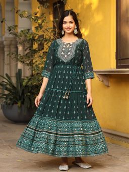 Juniper - Green Ethnic Motif Printed Georgette Maxi Dress & Dori with Thread Work