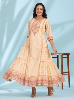 Juniper - Festive Ivory Ethnic Motif Printed Tiered Dress With Sequins & Beadwork