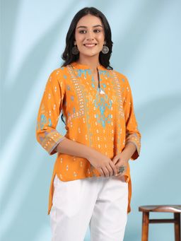 Juniper - Mustard Rayon Ikat Placement Printed High-Low Tunic With Side Slits & Tassels
