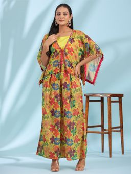 Juniper - Green Floral Printed Layered Chinnon Top With Pants Co-Ord Set With Beads & Sequins Work (3-Pcs)