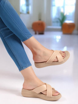 Carlton London - Women Padded Crisscross Slip On Wedge Comfortable Beige