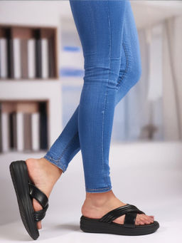 Carlton London - Women Padded Crisscross Slip On Wedge Comfortable Black